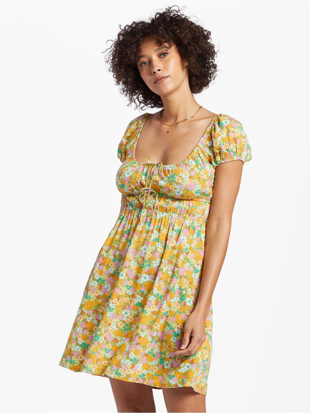Billabong Sun Kissed Yellow Floral Puff-Sleeve Mini Dress